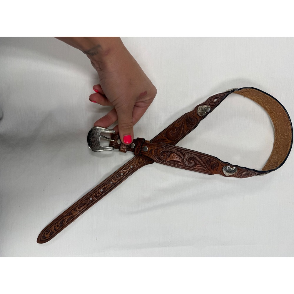 Vintage Justin Leather Western Belt Brown Tooled Floral Heart Conchos Size 26